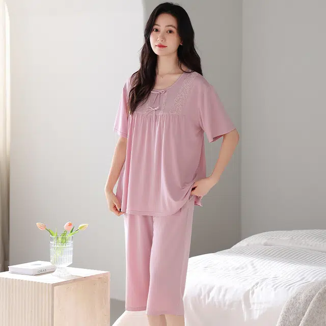 睦隆世家 短袖薄款七分裤家居服冰丝夏季睡衣套装 女款