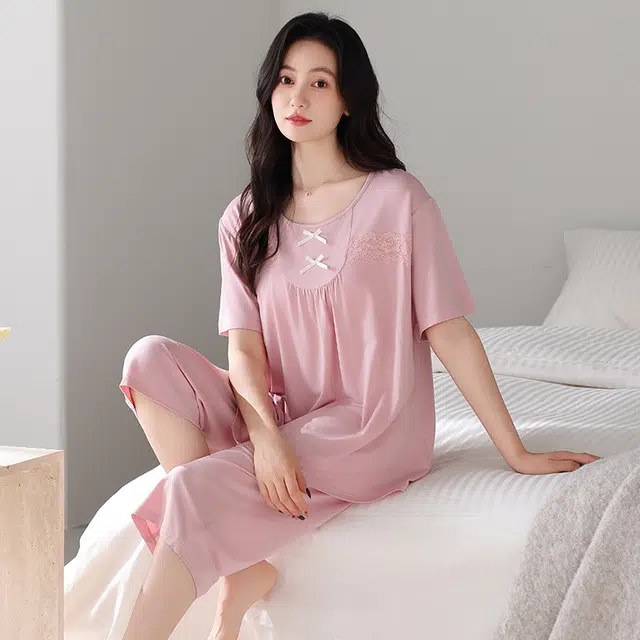 睦隆世家 短袖七分裤薄款冰丝纯色家居服夏季睡衣套装 女款