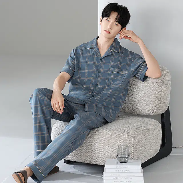 睦隆世家 纯棉短袖长裤薄款可外穿家居服睡衣套装 男款