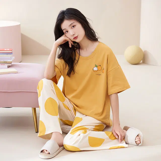 睦隆世家 带胸垫出勤短袖长裤家居服纯棉夏季睡衣套装 女款