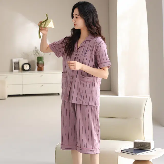 睦隆世家 夏季纯棉开衫短袖七分裤舒适休闲可外穿家居服睡衣套装 女款