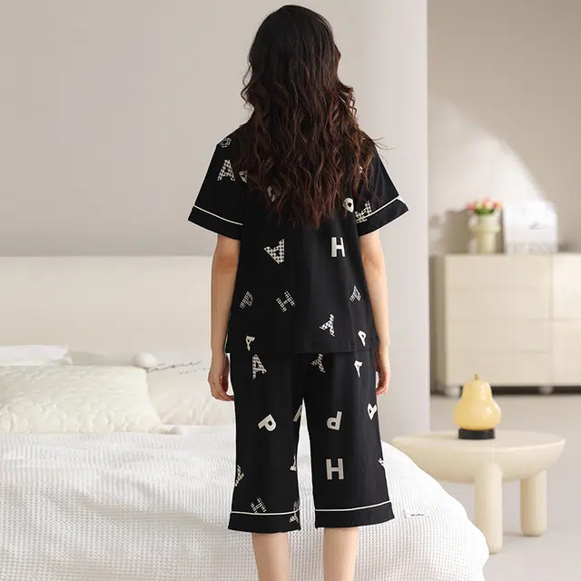 睦隆世家 短袖纯棉薄款七分裤带胸垫家居服睡衣套装 女款