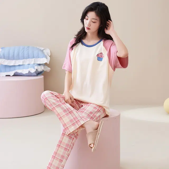 睦隆世家 带胸垫家居服纯棉出勤短袖长裤夏季睡衣套装 女款