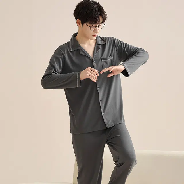 睦隆世家 长袖长裤薄款可外穿大码简约舒适家居服睡衣套装 男款