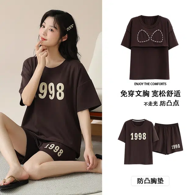 睦隆世家 带胸垫家居服可外穿韩版圆领短袖短裤格子潮流卡通宽松可爱睡衣套装 女款