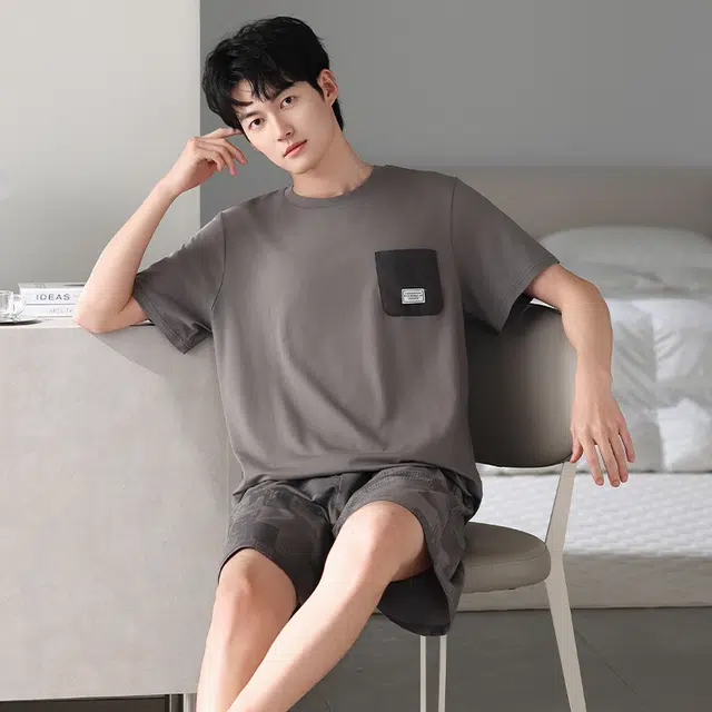 睦隆世家 凉感棉绸短袖短裤家居服薄款冰丝睡衣套装 男款