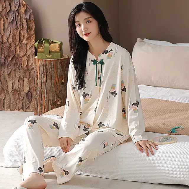 睦隆世家 新中式长袖开衫国风天丝棉长袖家居服高级感睡衣套装 女款