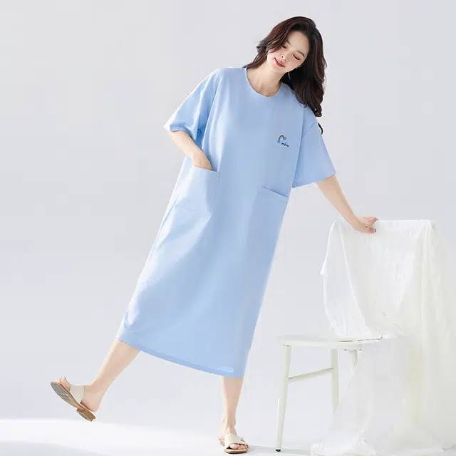 睦隆世家 短袖宽松带胸垫薄款休闲可外穿家居服春夏季睡裙 女款