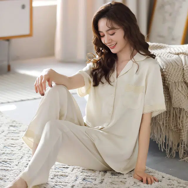 睦隆世家 冰丝亲肤短袖长裤薄款家居服夏季睡衣套装 女款