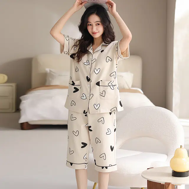 睦隆世家 短袖纯棉舒适休闲七分裤带胸垫家居服可外穿睡衣套装 女款