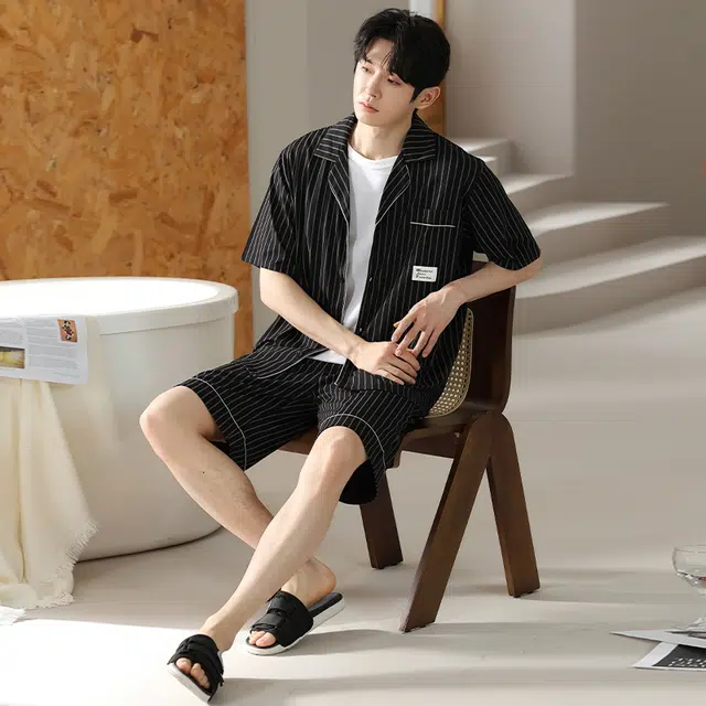 睦隆世家 高级感家居服抑菌短袖开衫五分裤夏季睡衣套装 男款