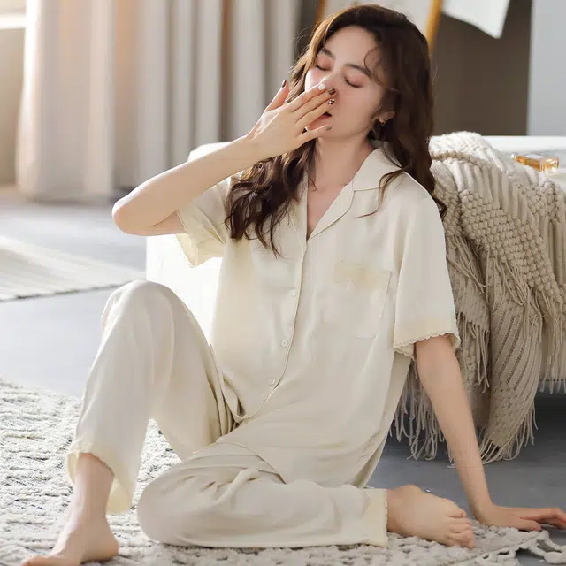 睦隆世家 冰丝亲肤短袖长裤薄款家居服夏季睡衣套装 女款