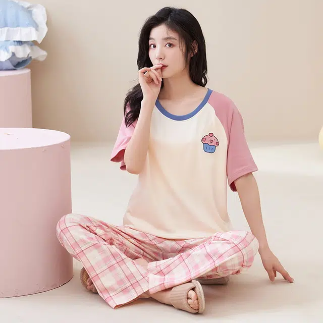 睦隆世家 带胸垫家居服纯棉出勤短袖长裤夏季睡衣套装 女款