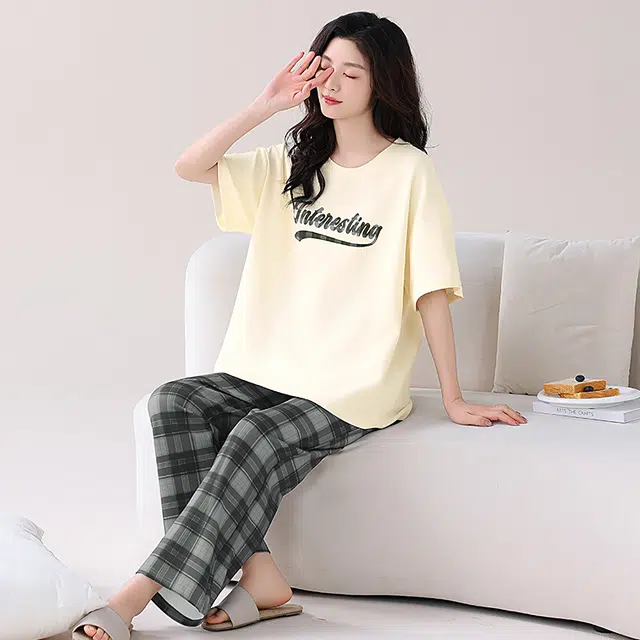 睦隆世家 圆领短袖上衣可外穿家居服长裤春夏季睡衣套装 女款