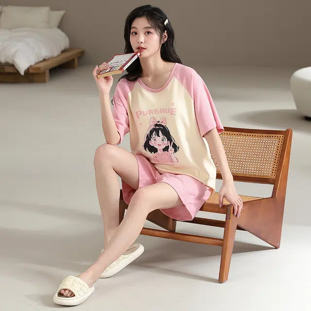 睦隆世家 短袖短裤带胸垫韩版家居服可外穿潮流卡通宽松可爱睡衣套装 女款