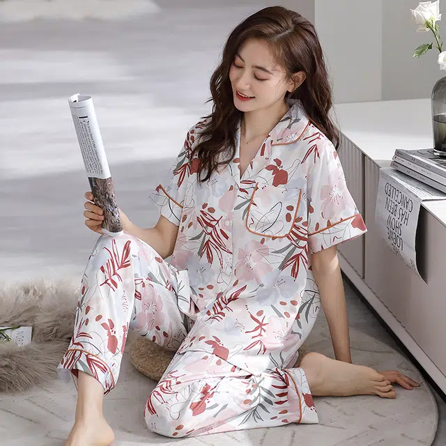 睦隆世家 冰丝短袖长裤家居服高级感薄款夏季睡衣套装 女款