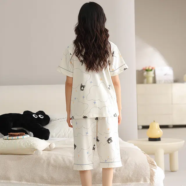 睦隆世家 短袖薄款休闲七分裤带胸垫家居服睡衣套装 女款