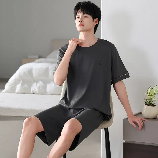 睦隆世家 凉感莫代尔棉绸短袖短裤家居服薄款冰丝睡衣套装 男款
