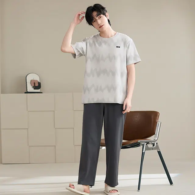 睦隆世家 纯棉短袖长裤薄款舒适可外穿家居服睡衣套装 男款