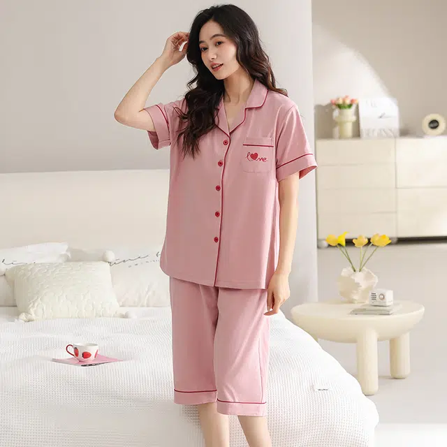 睦隆世家 带胸垫短袖七分裤薄款休闲可外穿大码家居服睡衣套装 女款