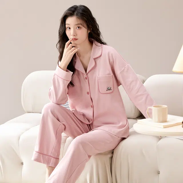 睦隆世家 春秋季甜美长袖纯棉翻领女士可外穿休闲睡衣翻领开衫女全棉家居服套装  女款  粉色