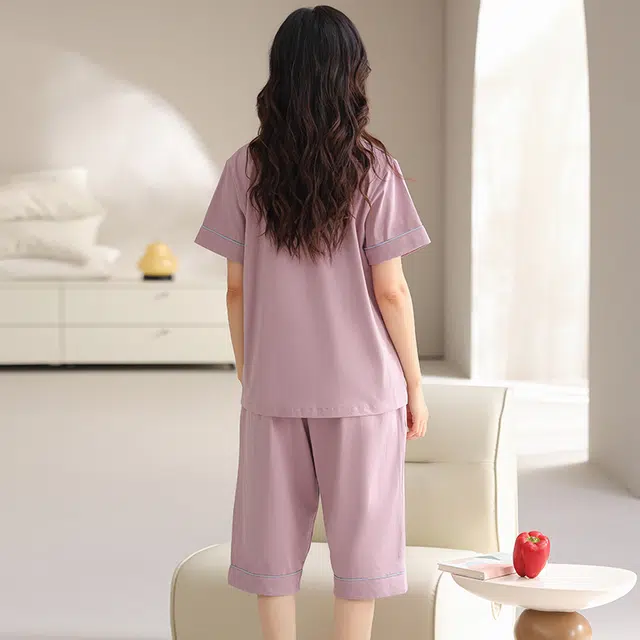 睦隆世家 带胸垫短袖七分裤薄款舒适休闲可外穿家居服睡衣套装 女款