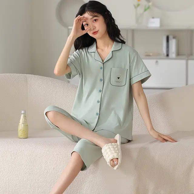睦隆世家 纯棉短袖七分裤薄款甜美休闲家居服睡衣套装 女款