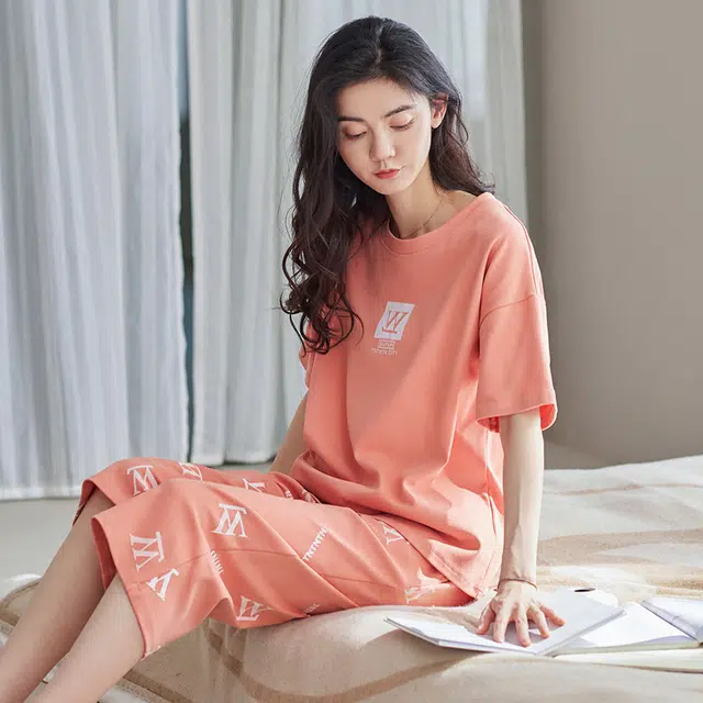 睦隆世家 睡衣女士短袖夏季纯棉休闲薄款夏天可外穿七分裤圆领全棉家居服  套装  橙色