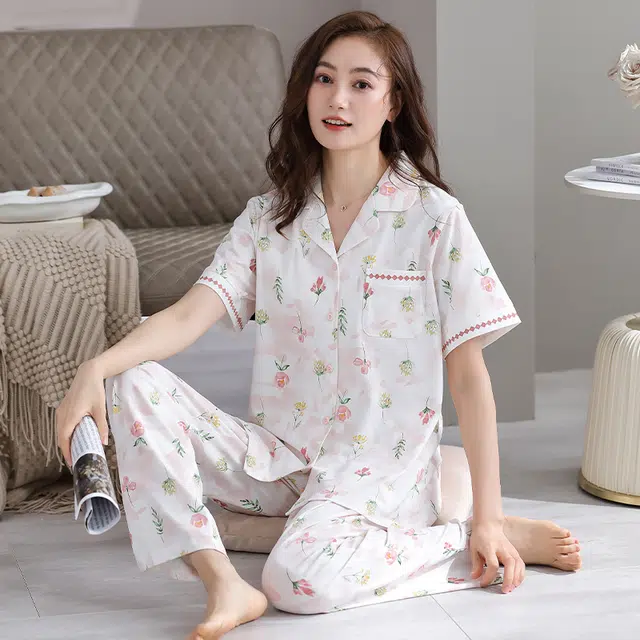 睦隆世家 开衫凉感短袖上衣家居服长裤夏季睡衣套装 女款