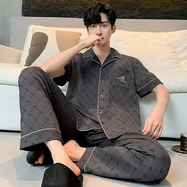 睦隆世家 纯棉短袖长裤舒适简约家居服可外穿睡衣套装 男款