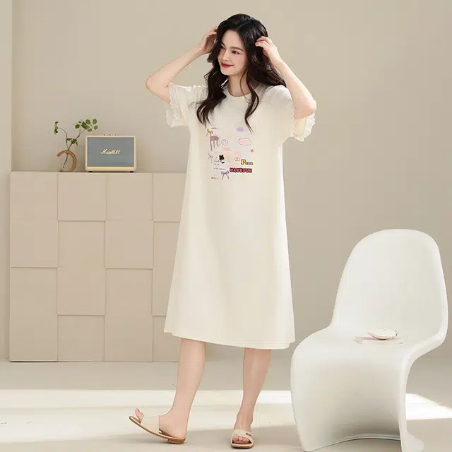 睦隆世家 纯棉短袖中长款卡通宽松大码舒适休闲家居服夏季睡裙 女款