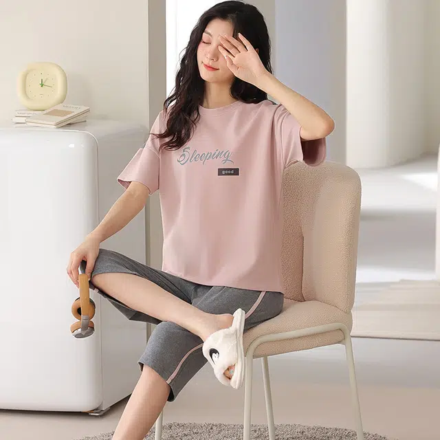 睦隆世家 纯棉薄款短袖舒适休闲家居服可外穿睡衣套装 女款