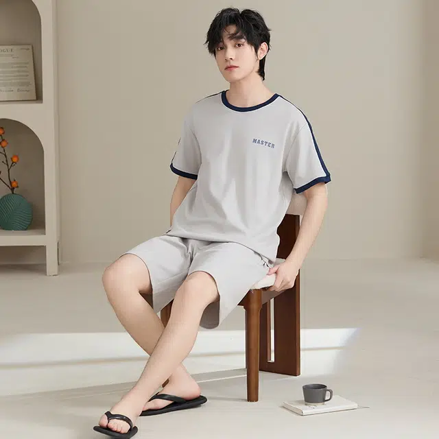 睦隆世家 纯棉短袖短裤全棉青少年圆领男士夏季大码家居服睡衣套装 男款