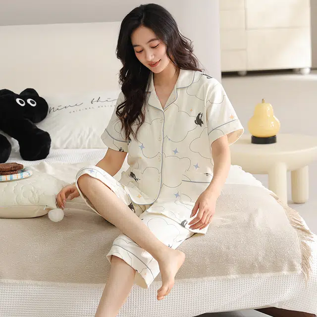睦隆世家 短袖薄款休闲七分裤带胸垫家居服睡衣套装 女款
