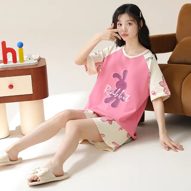 睦隆世家 休闲短袖甜美家居服带胸垫可外穿睡衣套装 女款