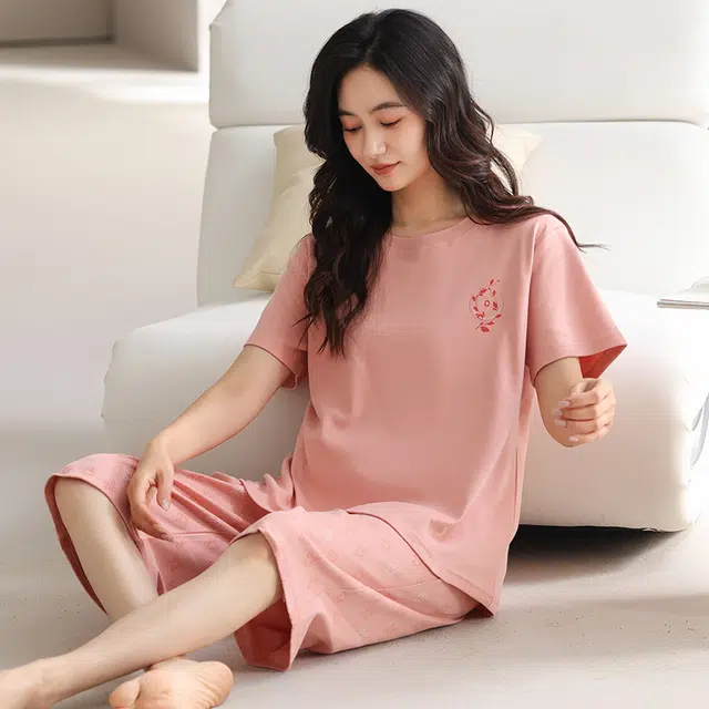 睦隆世家 纯棉短袖七分裤舒适休闲家居服可外穿睡衣套装 女款