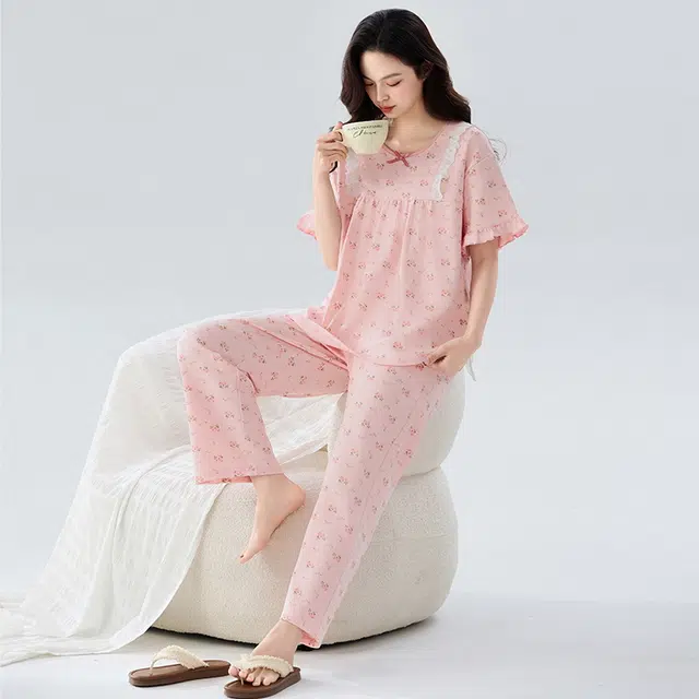 睦隆世家 卡通蕾丝蝴蝶结短袖家居服长裤夏季睡衣套装 女款