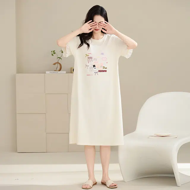 睦隆世家 纯棉短袖中长款卡通宽松大码舒适休闲家居服夏季睡裙 女款
