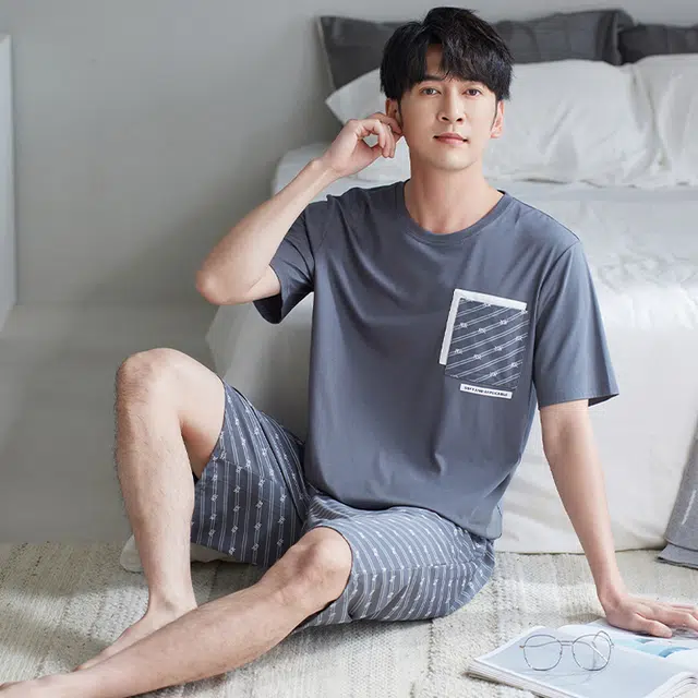 睦隆世家 凉感棉绸莫代尔短袖短裤家居服薄款冰丝睡衣套装 男款
