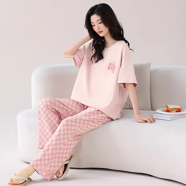 睦隆世家 纯棉可出门外穿家居服短袖长裤休闲睡衣套装 女款