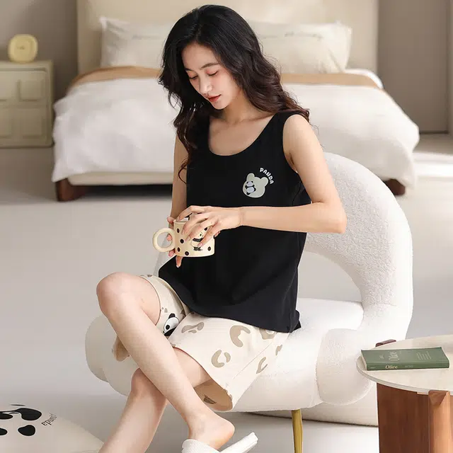 睦隆世家 无袖短裤带胸垫防凸点一体家居服大码睡衣套装 女款
