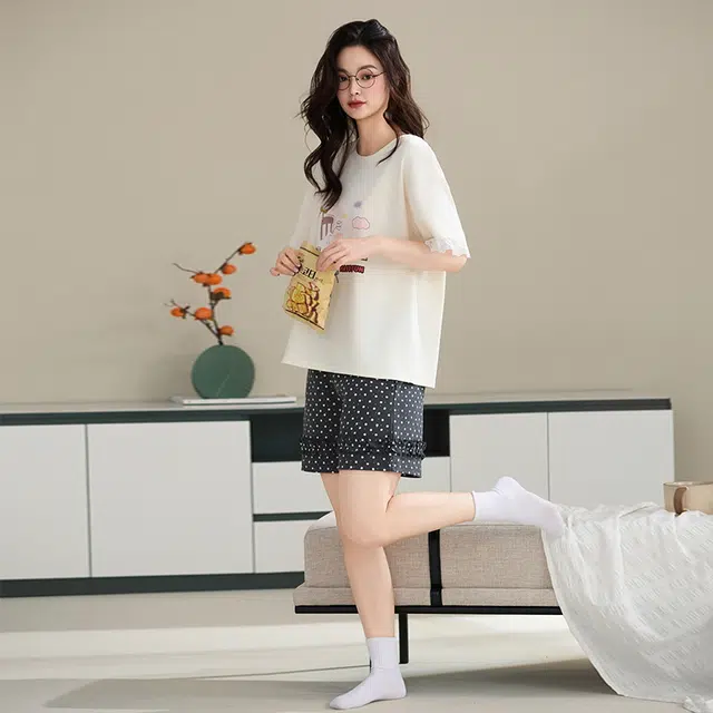 睦隆世家 家居服纯棉短袖三分裤卡通加大码睡衣套装 女款