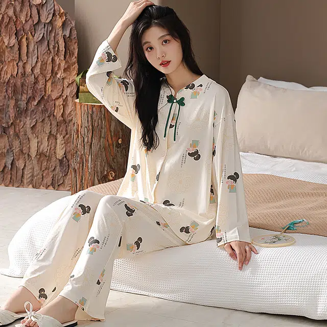 睦隆世家 新中式长袖开衫国风天丝棉长袖家居服高级感睡衣套装 女款