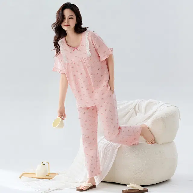 睦隆世家 卡通蕾丝蝴蝶结短袖家居服长裤夏季睡衣套装 女款
