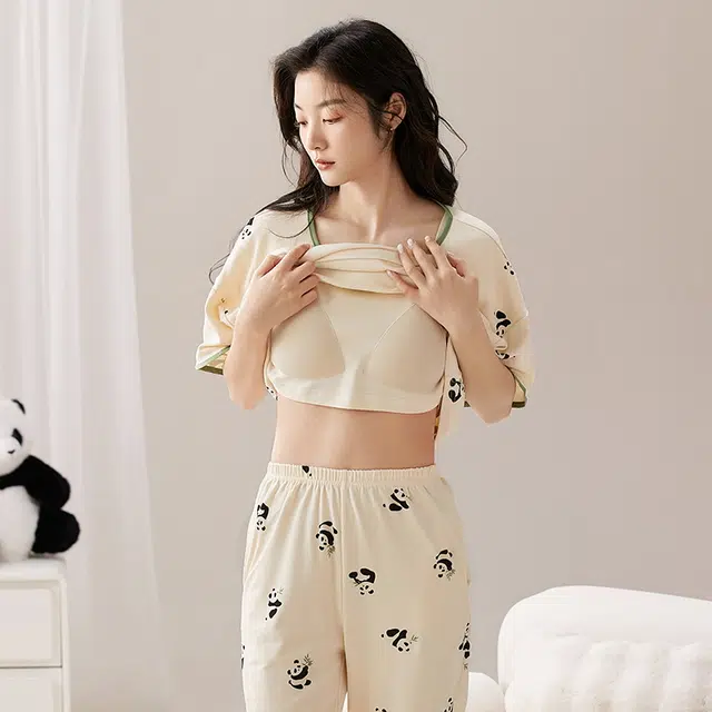 睦隆世家 睡衣女短袖夏季纯棉带胸垫休闲薄款可外穿夏天全棉家居服  套装  杏色