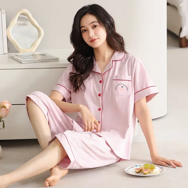 睦隆世家 带胸垫短袖七分裤薄款休闲舒适可外穿家居服睡衣套装 女款