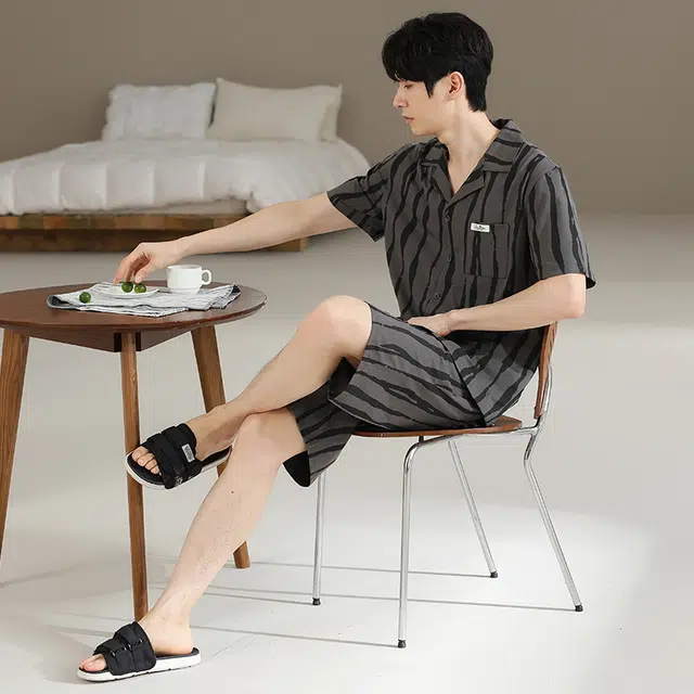 睦隆世家 开衫抑菌短袖高级感家居服五分裤夏季睡衣套装 男款