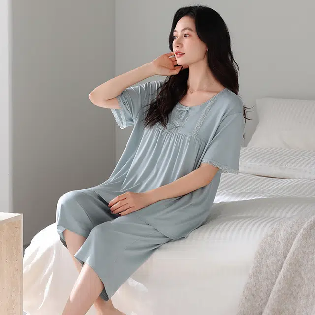 睦隆世家 七分裤短袖薄款冰丝家居服夏季睡衣套装 女款