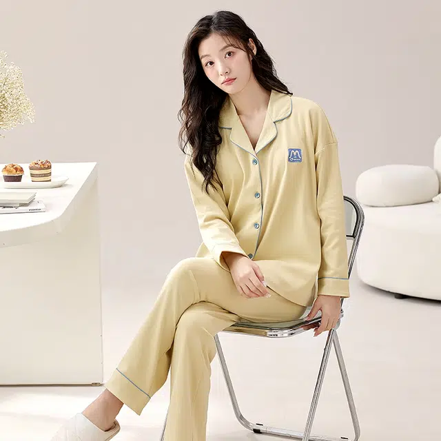 睦隆世家 春秋季长袖纯棉翻领女士可外穿休闲睡衣翻领开衫女全棉家居服套装  女款  香槟色