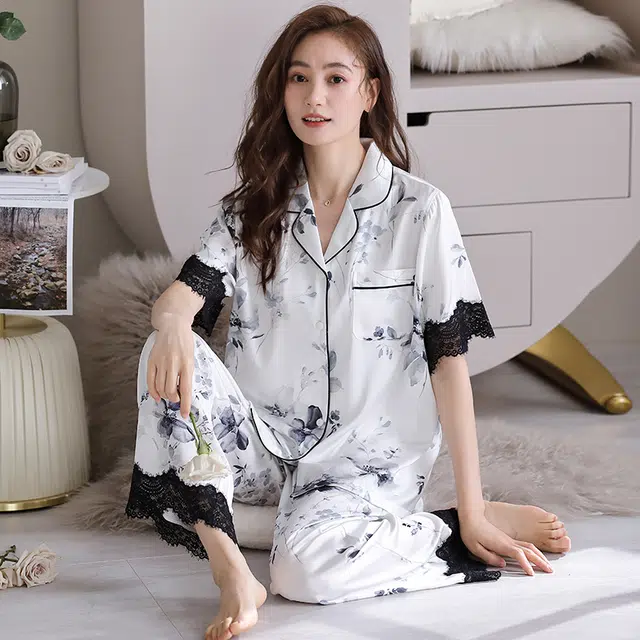 睦隆世家 短袖长裤冰丝薄款仿真丝绸家居服夏季睡衣套装 女款